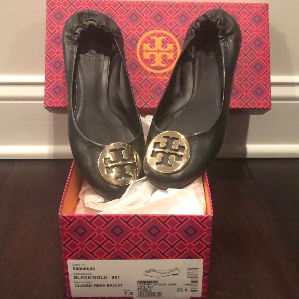 Tory Burch classic reva ballet black/gold 7 1/2